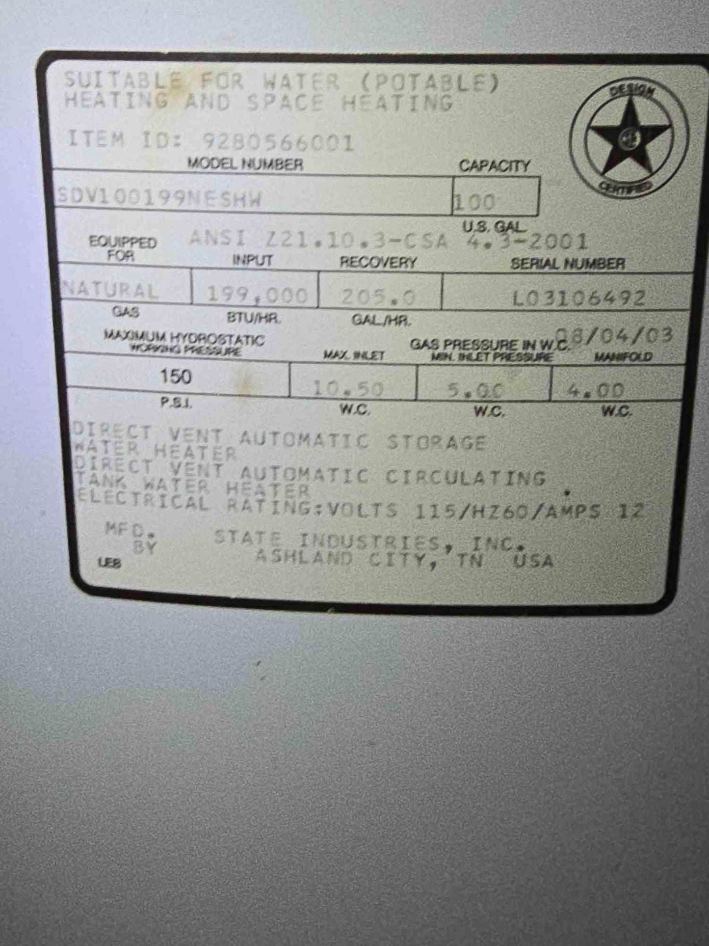 100 Gal State Sandblaster Force Commercial Water Heater SDV100199NESHW Nat Gas