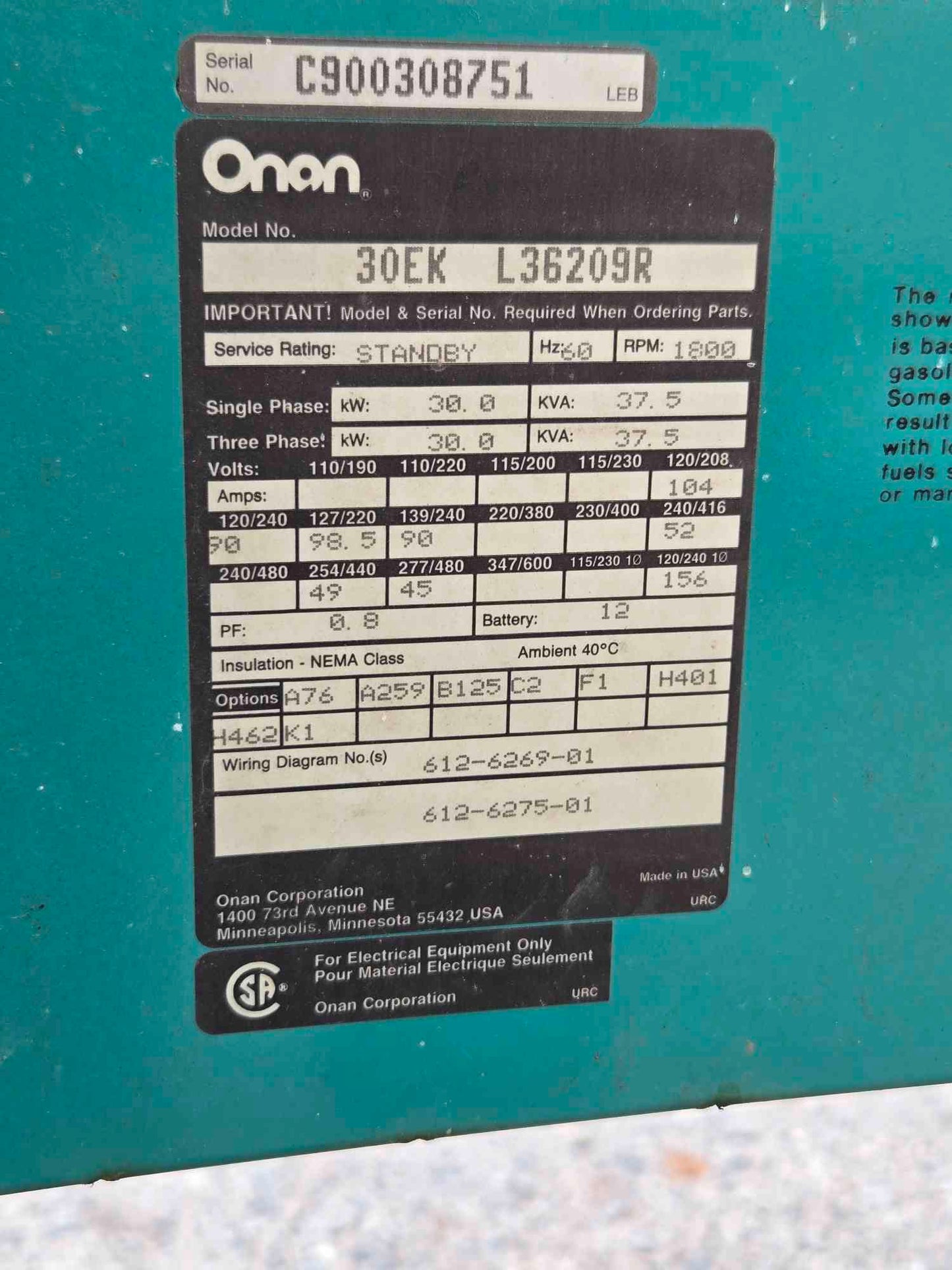 30KW Onan Ford Nat Gas LP Generator '90 1&3PH 871 Hrs Tested
