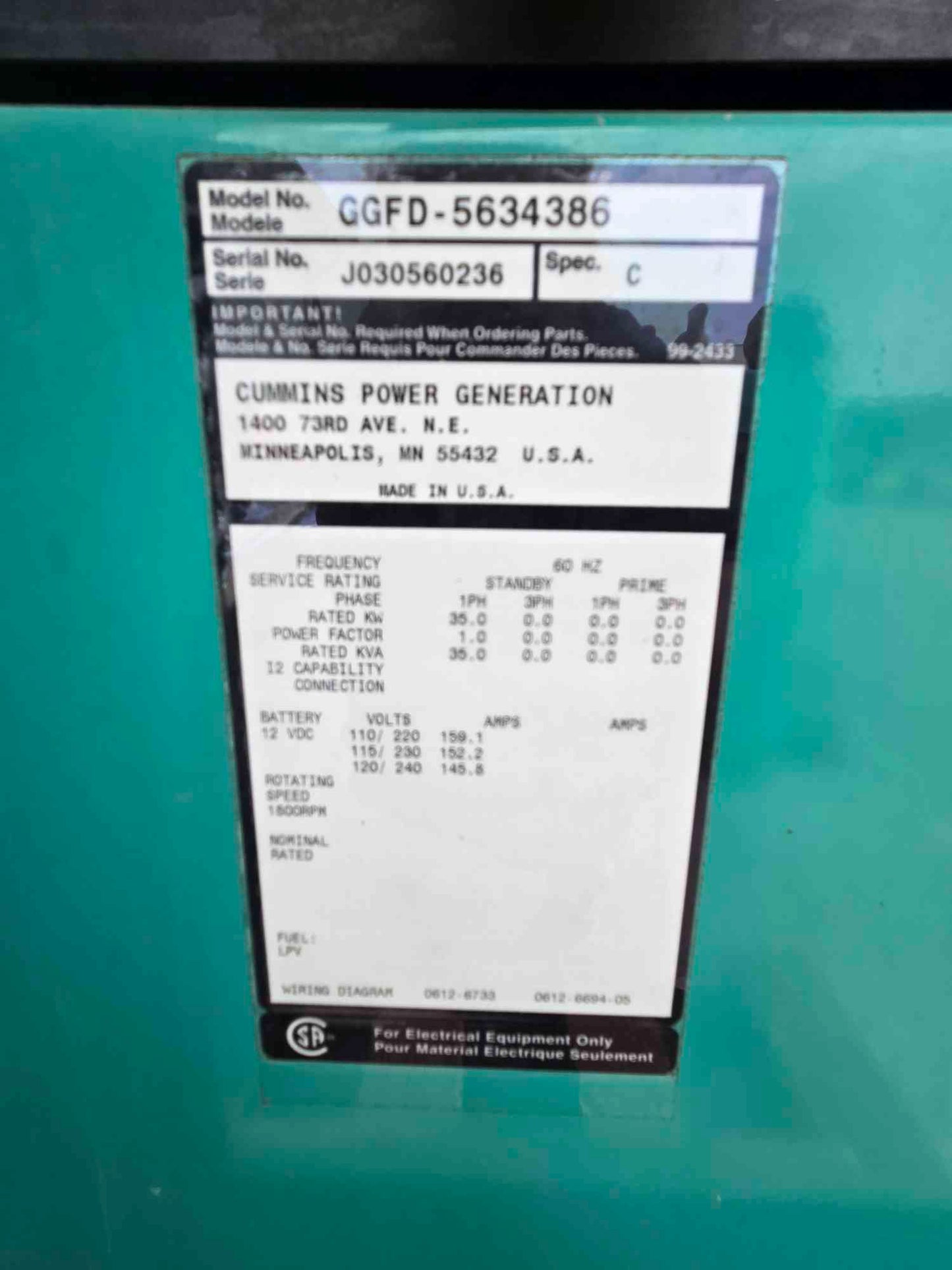 35KW Onan 4.2L Ford Nat Gas LP Generator '03 2217 Hrs TESTED