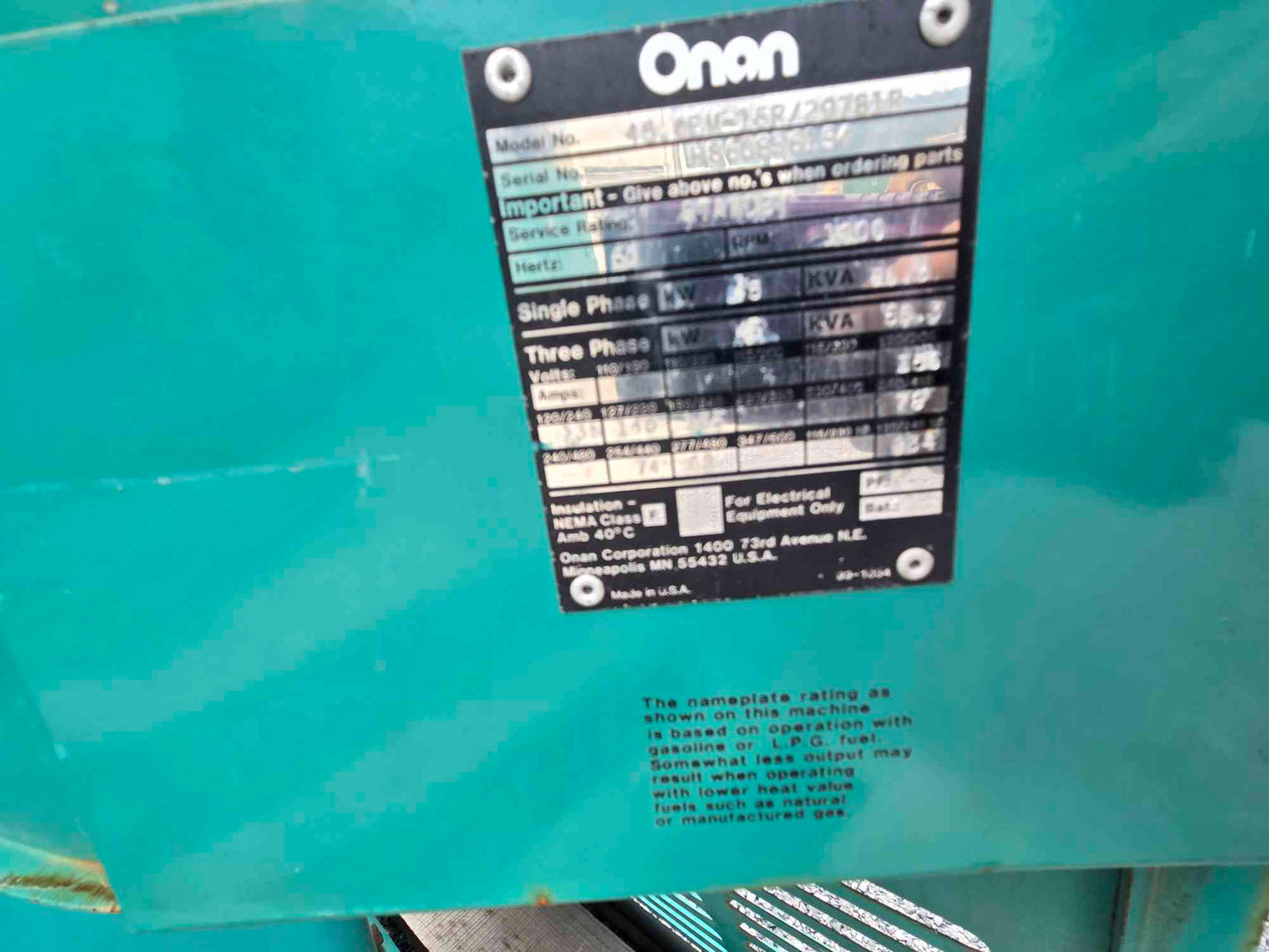 45KW Onan 300 Ford Nat Gas LP Generator '86 1495 Hours Tested