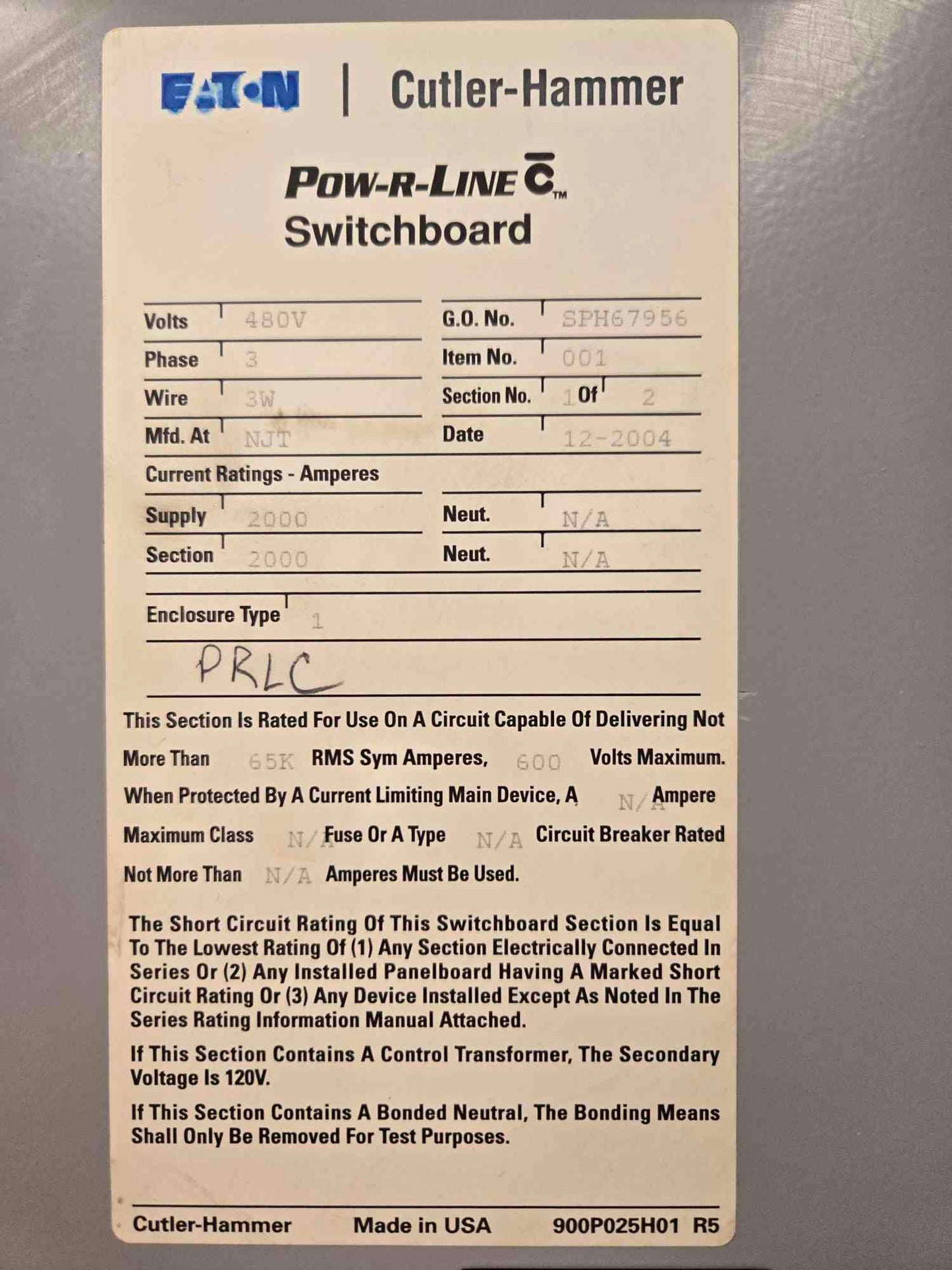 2000A Pow-R-Line Switchgear 480V 3Ph 2 Section Magnum DS Main MDS620 (SKU: 110230)
