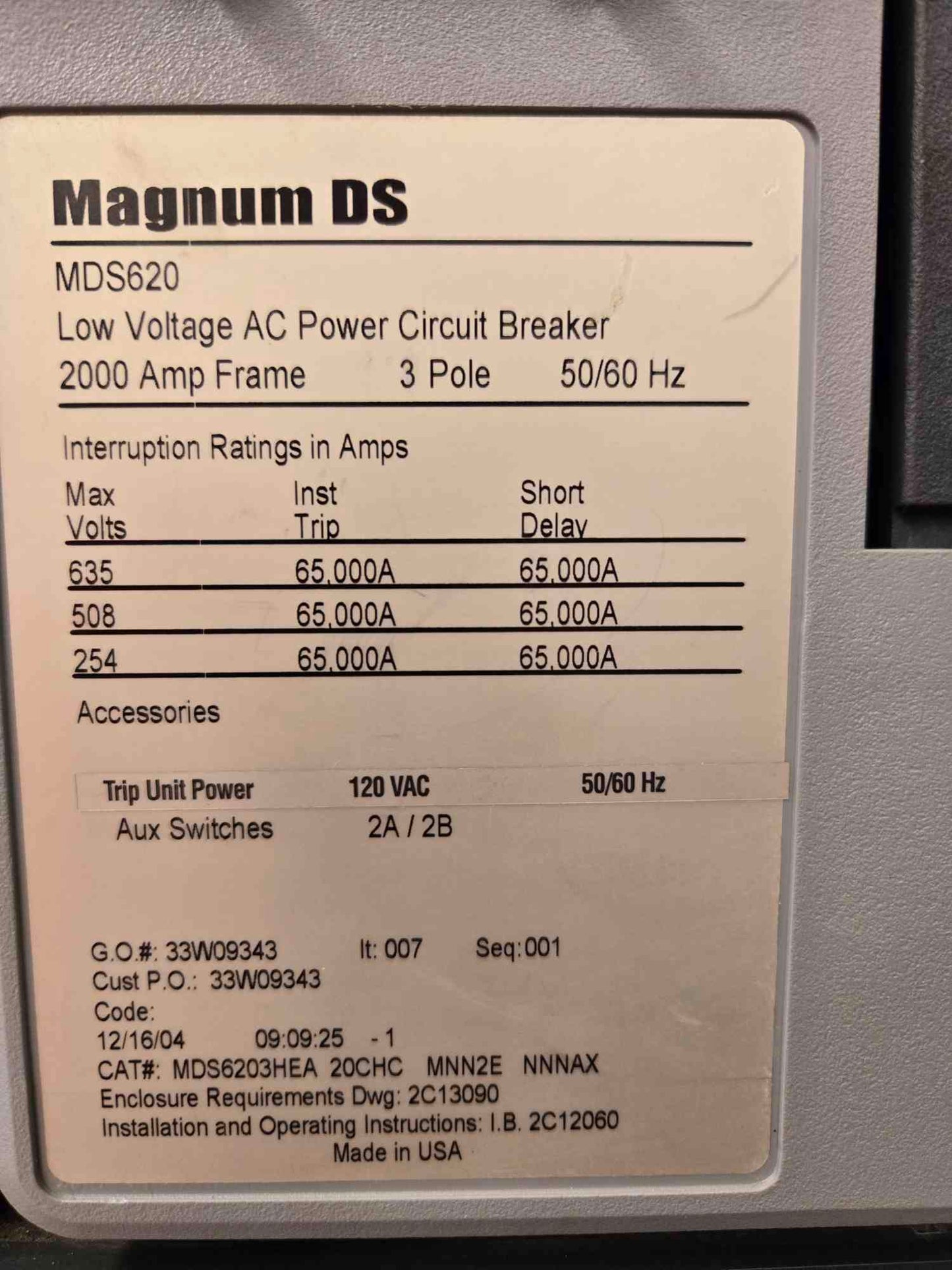 2000A Pow-R-Line Switchgear 480V 3Ph 2 Section Magnum DS Main MDS620 (SKU: 110230)