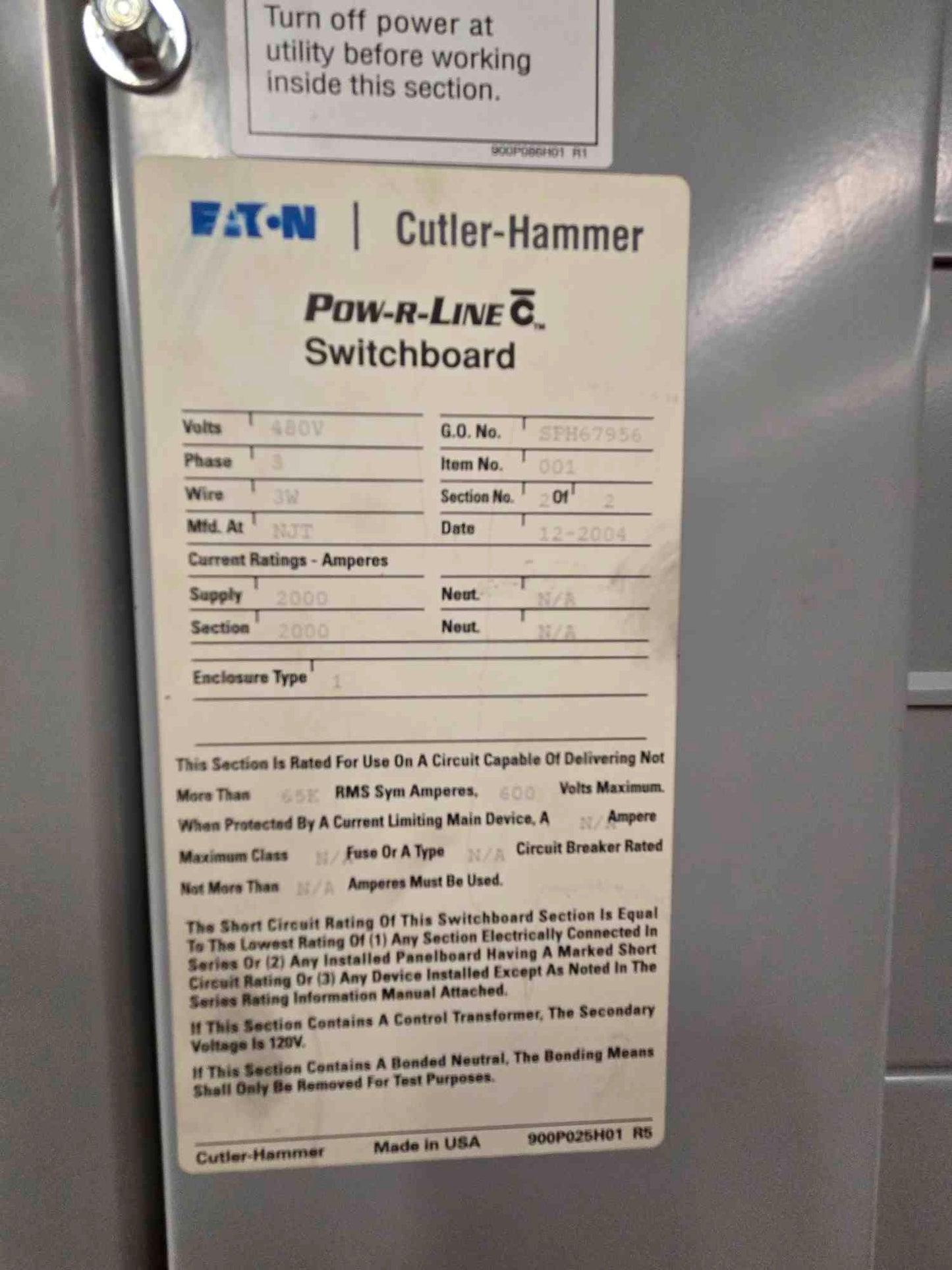 2000A Pow-R-Line Switchgear 480V 3Ph 2 Section Magnum DS Main MDS620 (SKU: 110230)