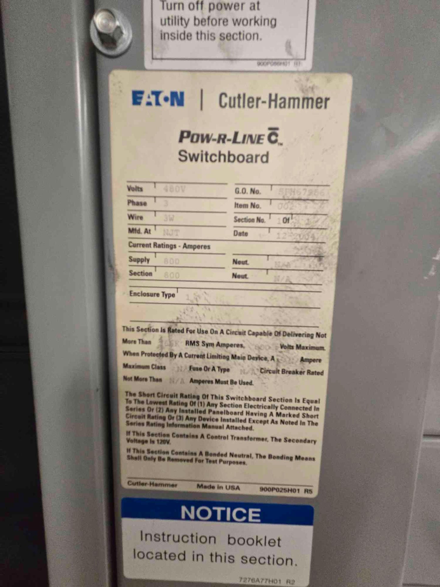 800A Pow-R-Line C Switchboard 480V 3Ph 7 Breaker (SKU: 110244)