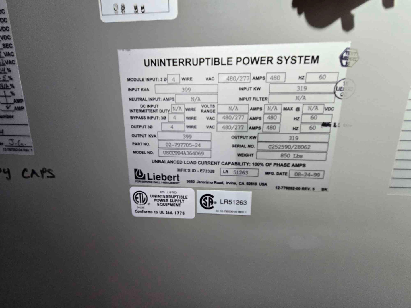 480A Liebert UPS System Control Cabinet SCC 480/277V 4 Wire