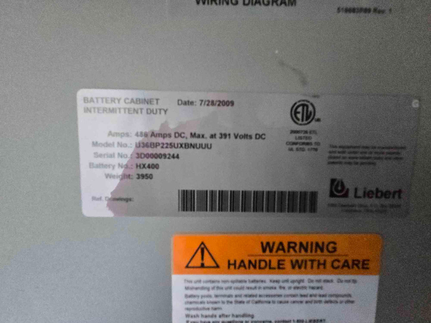 450A Liebert 610 Series UPS Battery Cabinet Only 486 Amp DC Max At 391 Volt DC No Batteries