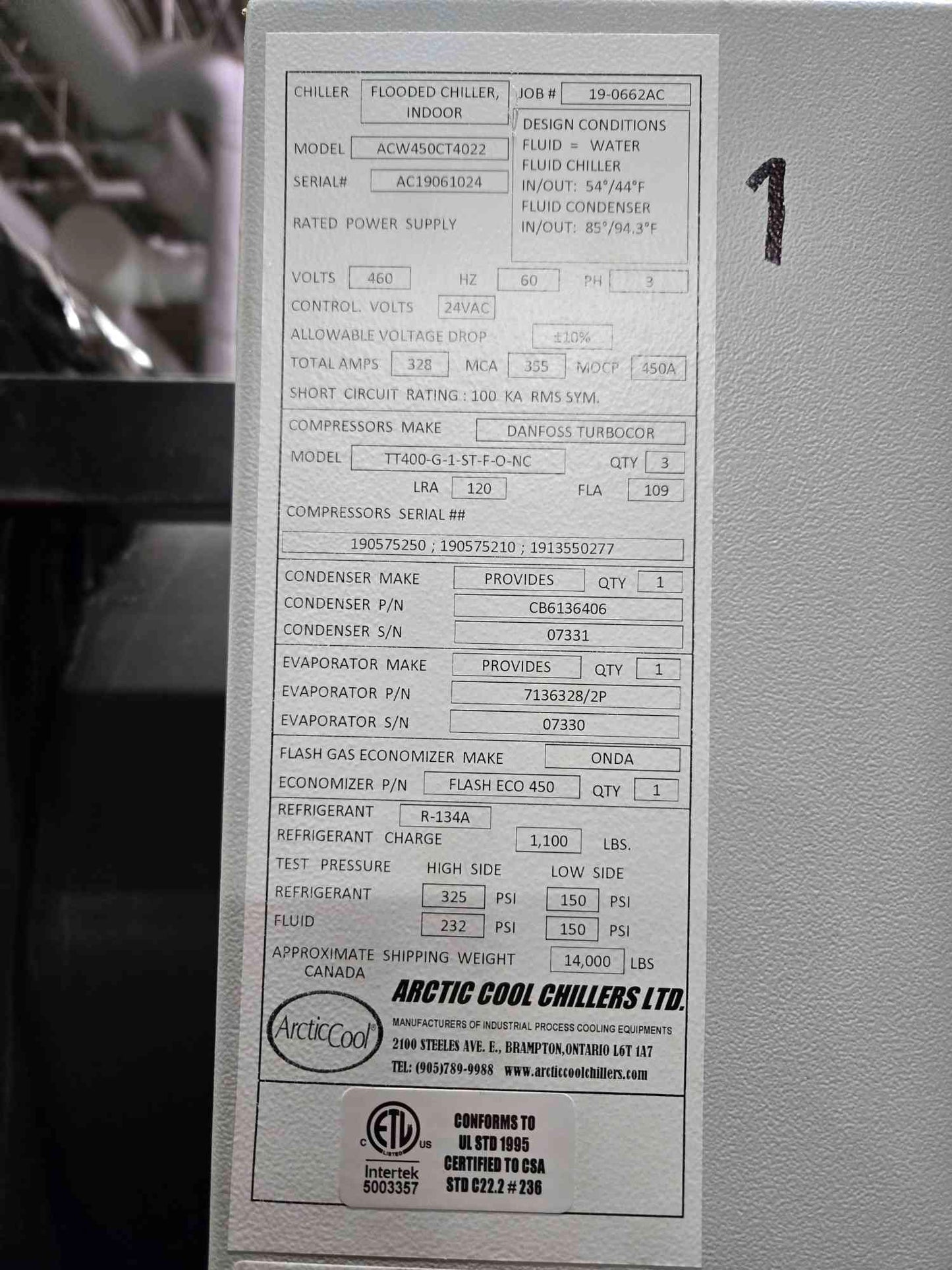 450 Ton Arctic Cool ACW450CT4022 Water Cooled Chiller 460V 3PH