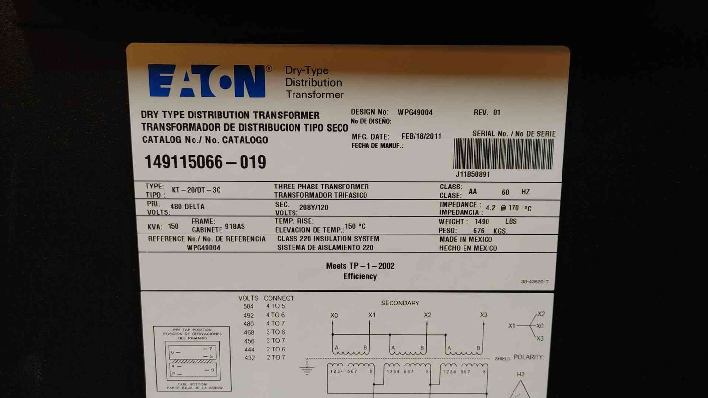 150KVA Eaton PDU-A 480V x 208/120 3PH 4W EE083SXX12 '11(104592)