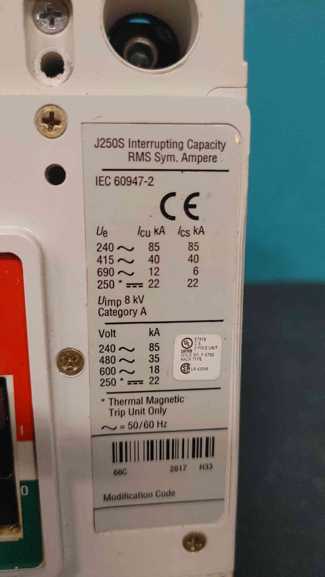 Eaton JGS3250NN 250A 3 Pole 600V Circuit Breaker J-Frame J250S MCCB