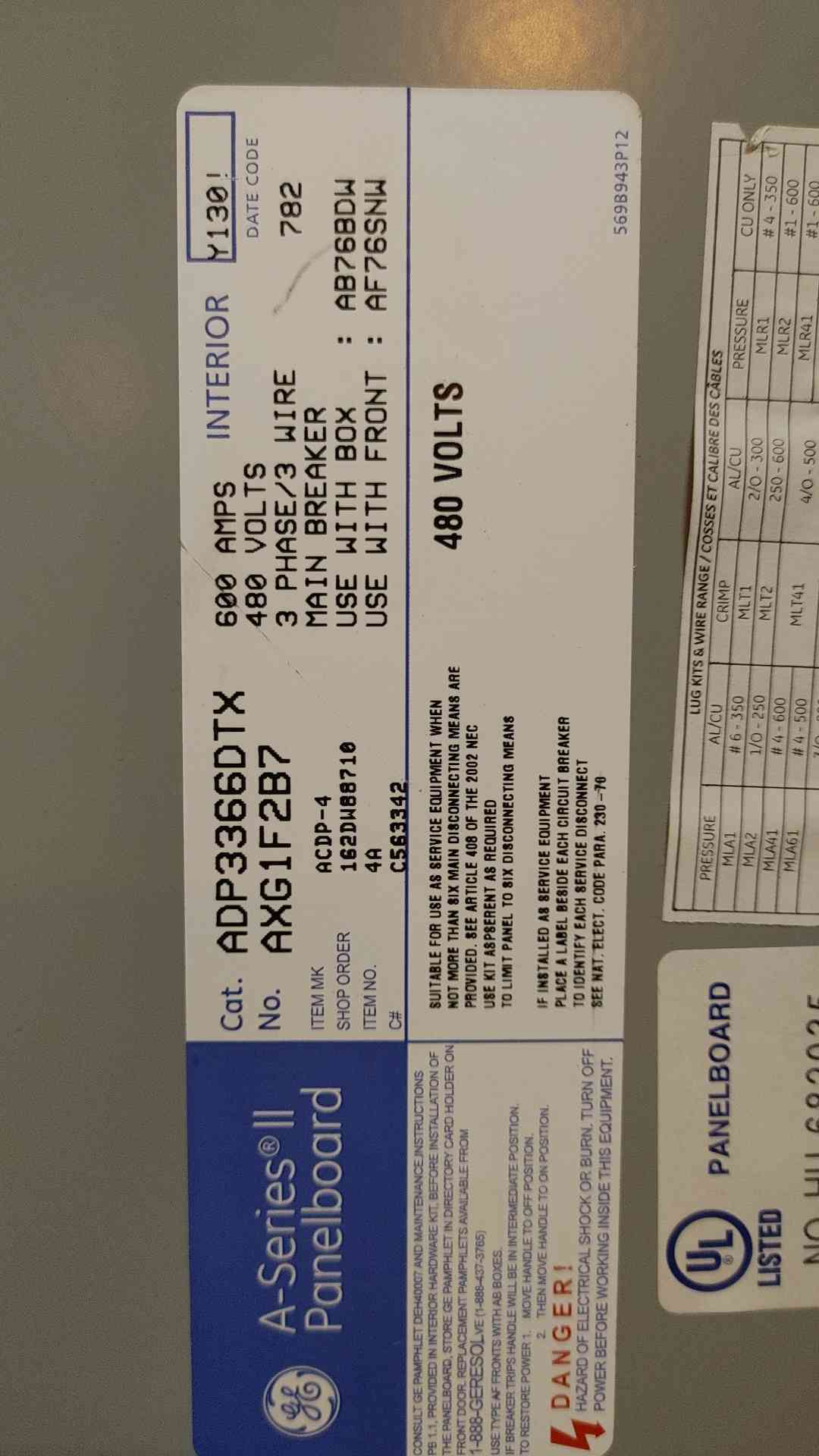 600A GE ASeries II Panelboard 480V 3Ph Main & Distribution(101501)