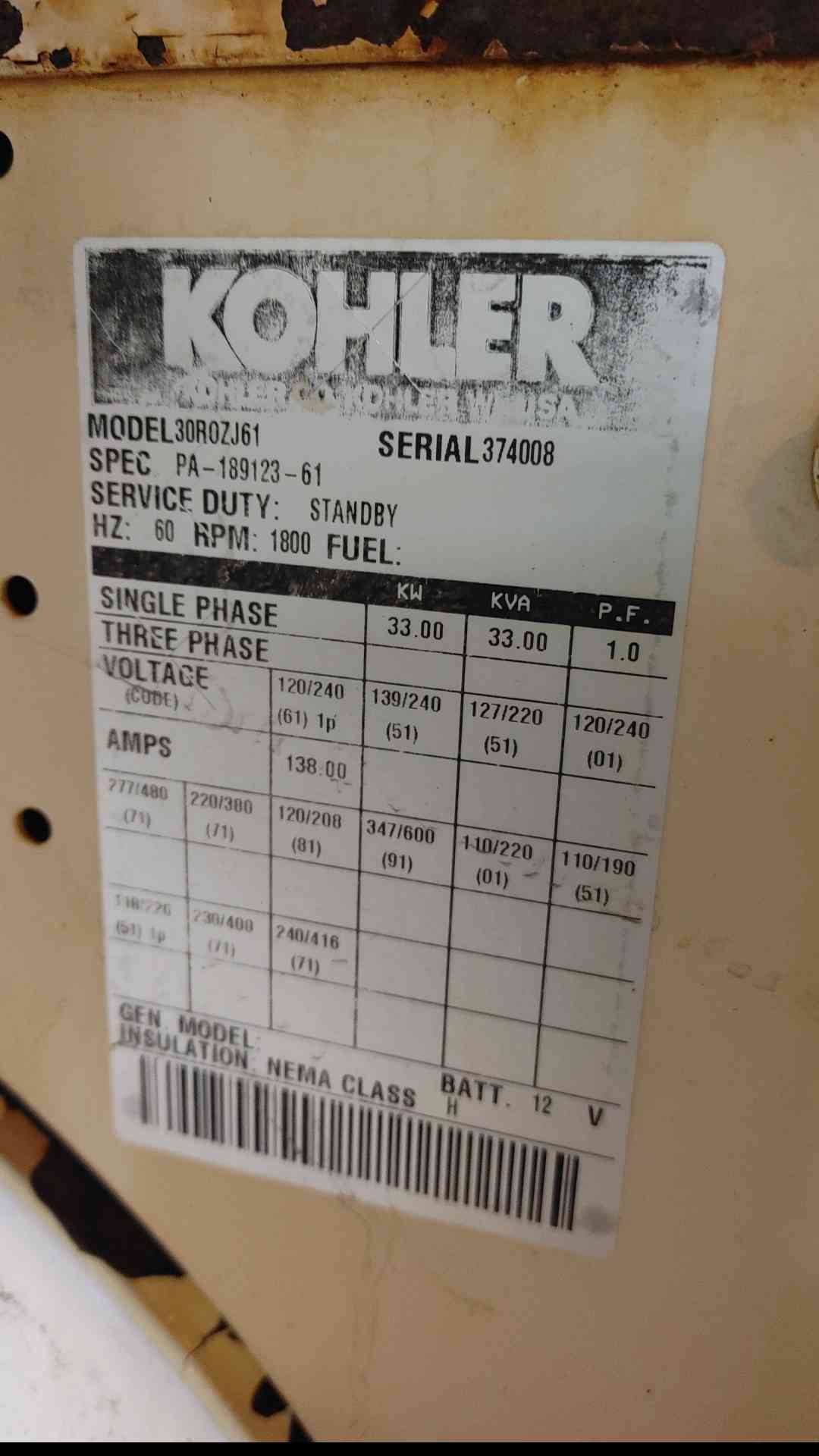 150KW 137KW Kohler Generator 150RZD 120/240v Nat Gas LP 937 Hrs TESTED