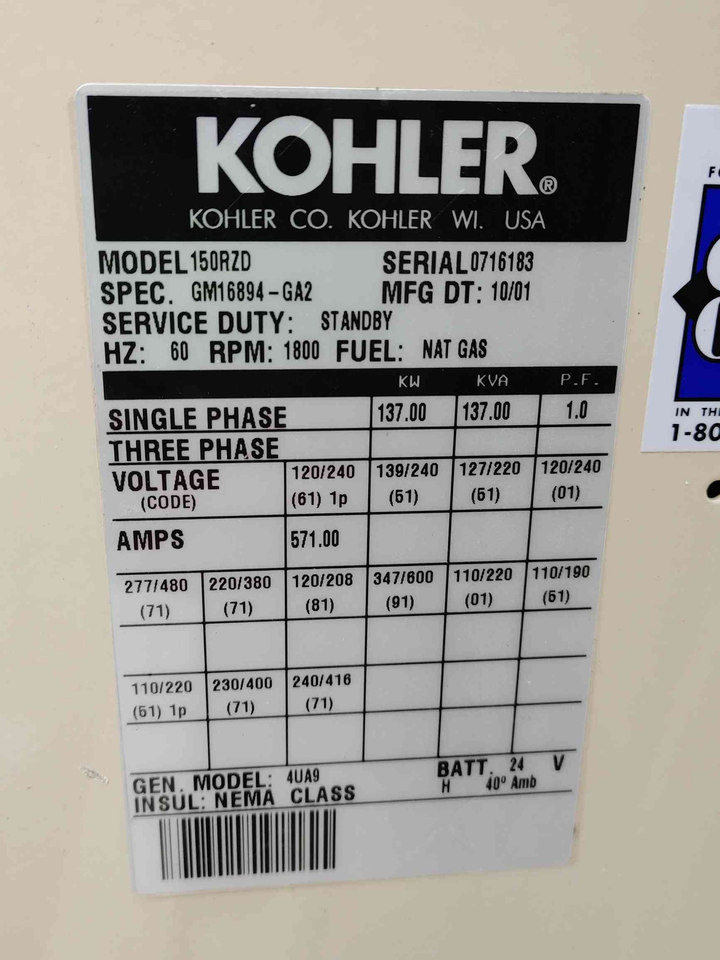 150KW 137KW Kohler Generator 150RZD 120/240v Nat Gas LP 937 Hrs TESTED