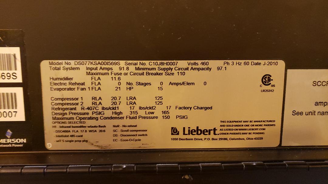 LIEBERT 22 Ton CRAC DS077K SA001569S Glycol Downflow 407C '10 (S6LLST11728)