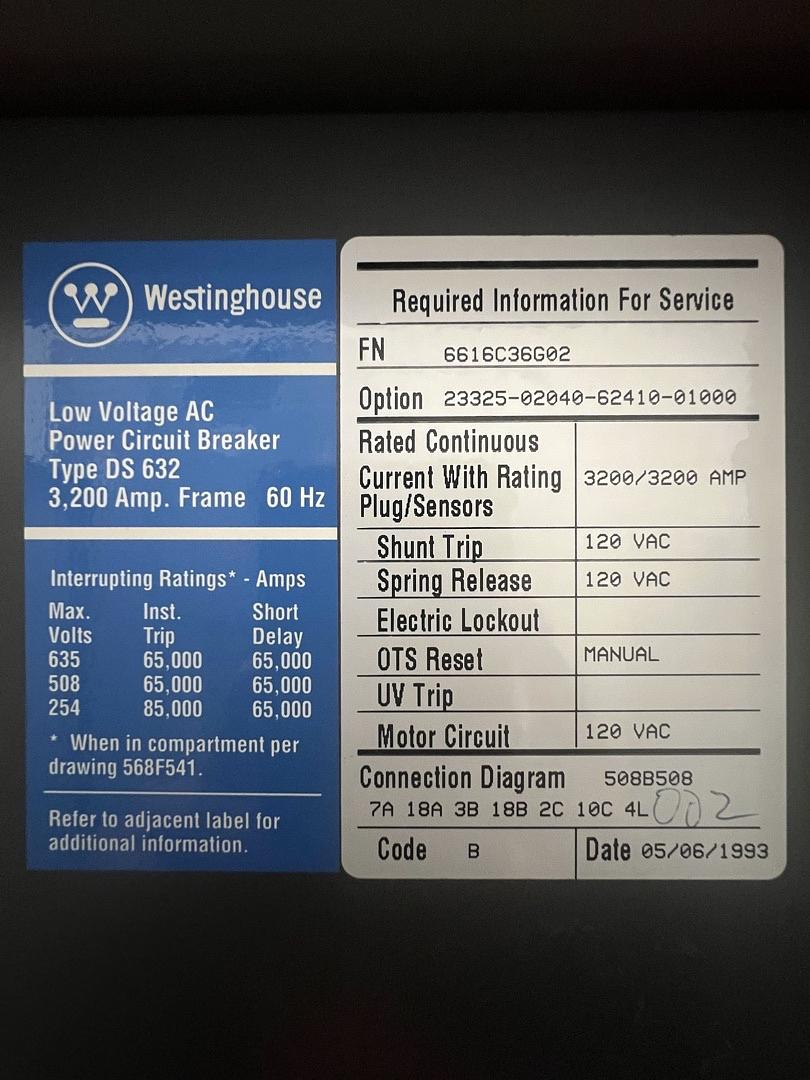 DS632 Westinghouse 3200A Circuit Breaker 3200/3200 120V Shunt (SKU:S6LLST13156)(S6LLST13156)