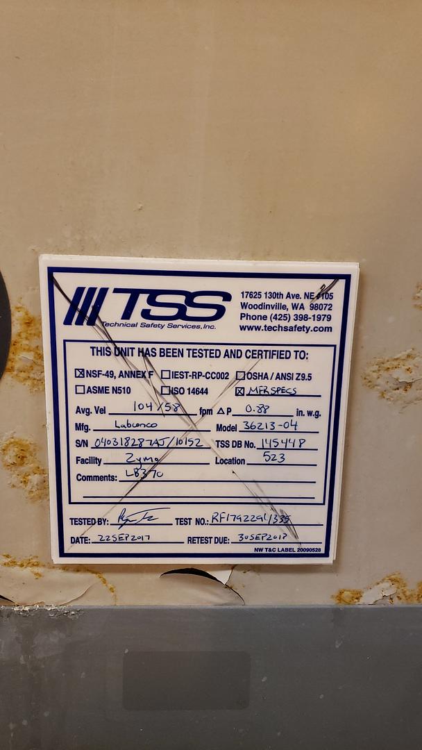 *Pickup Only* 6' LABCONCO Biosafety Cabinet AS IS(S6LLST10839)