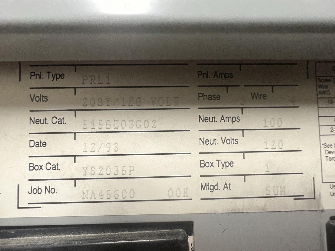 100A 120/208V 3PH PRL1 Panelboard 42 Circuit Neut. 100A w/ Main Compact(S6LLST13231)