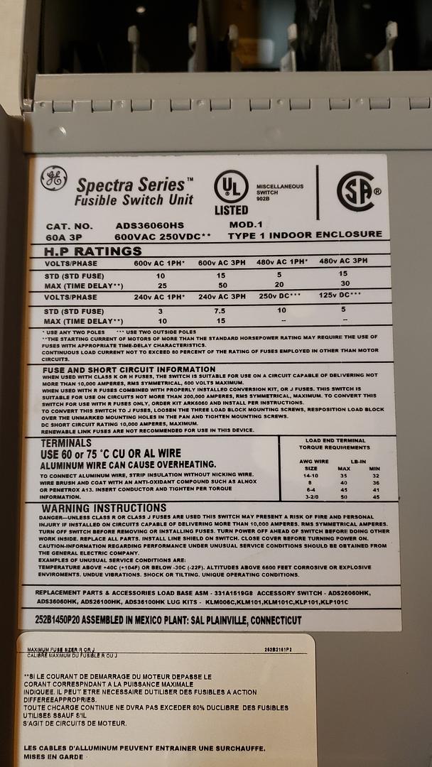GE SPECTRA 60A FUSIBLE SWITCH ADS36060HS(S6LLST10043)