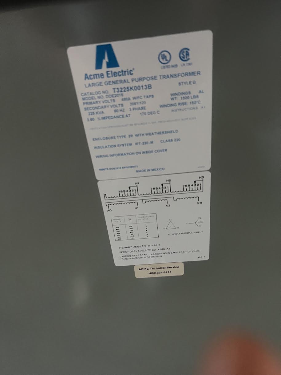 Acme Electric 225 kVA 3ph Transformer 480V to 208Y/120V MODEL No. DOE2016 T3225K0013B(SKU: 113458)