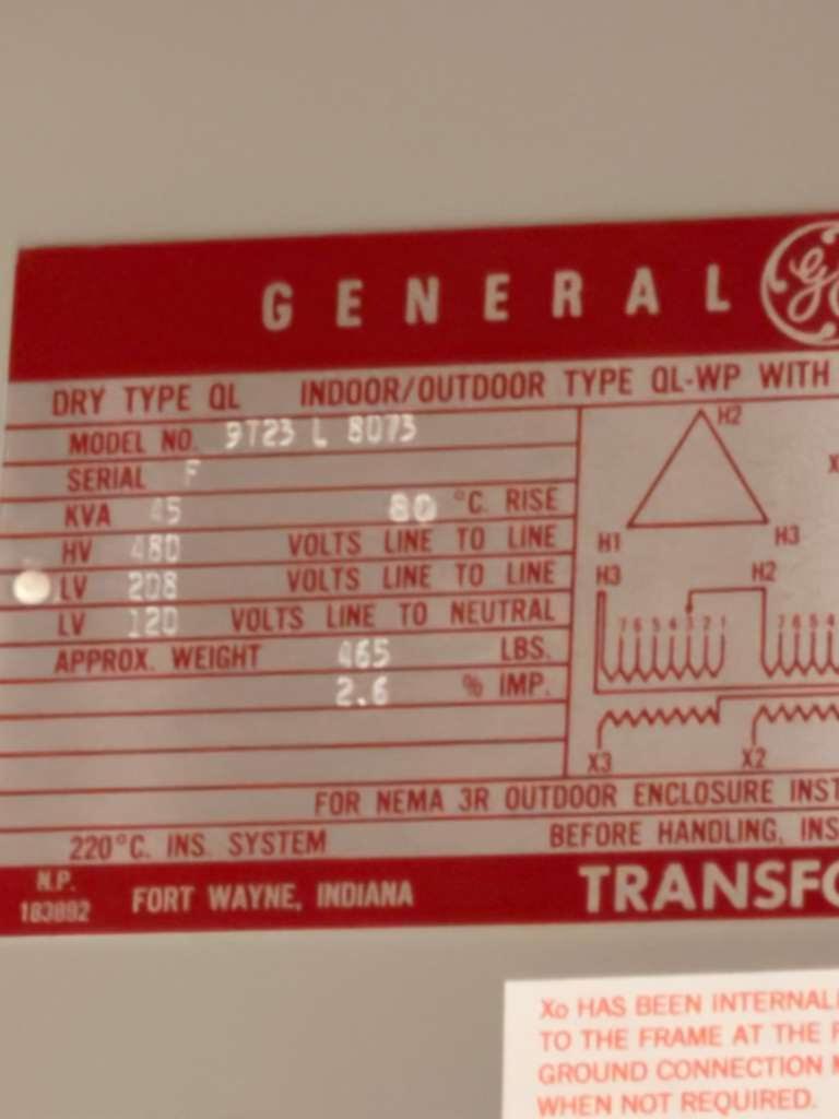 GE 45 KVA Transformer 3 Phase 480V to 208Y/120V Dry Type 9T23L8073