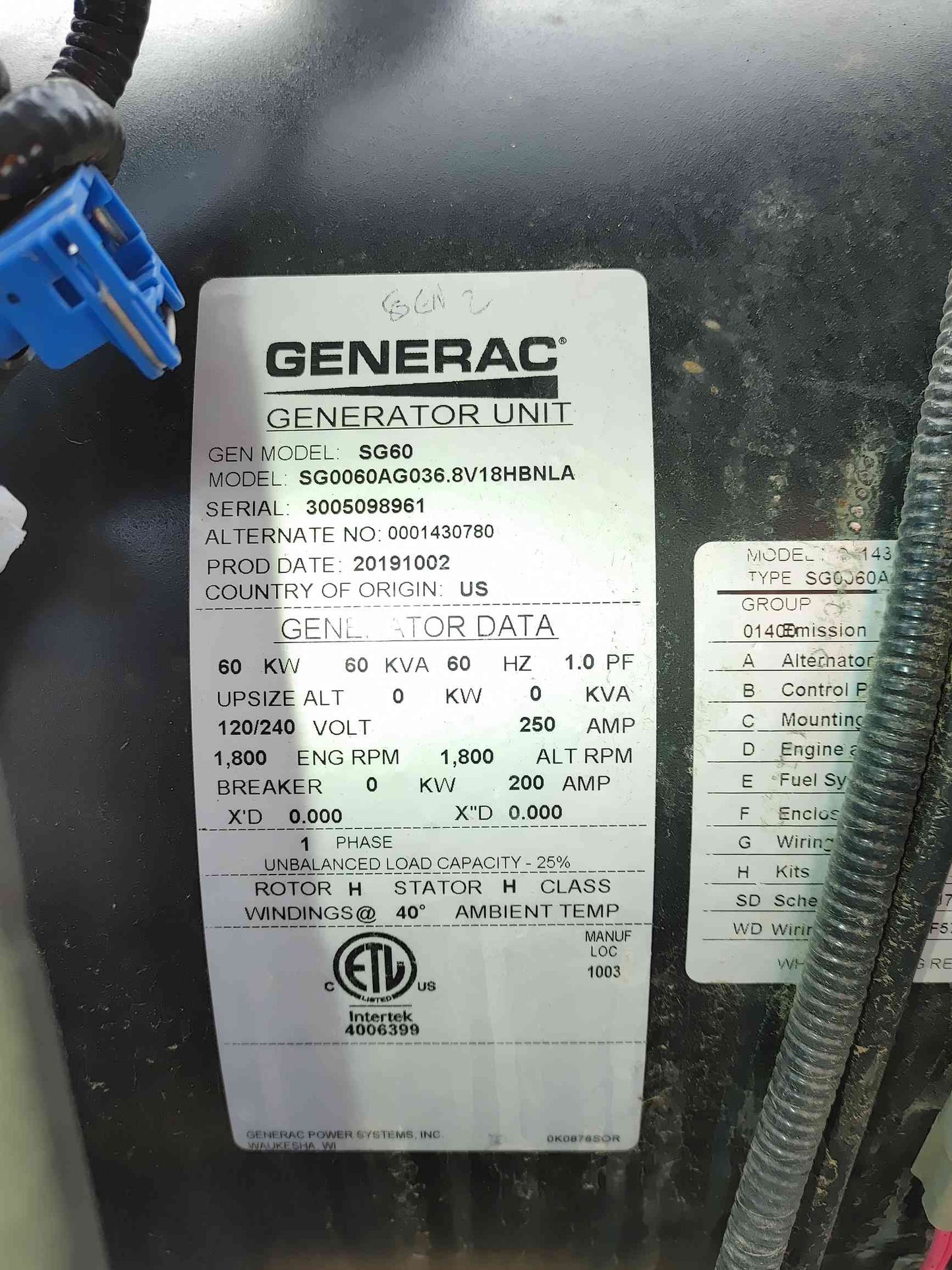 60KW SG60 Generac NG/LP Generator 1PH 5457Hrs '19 Runs Has Issues See Notes
