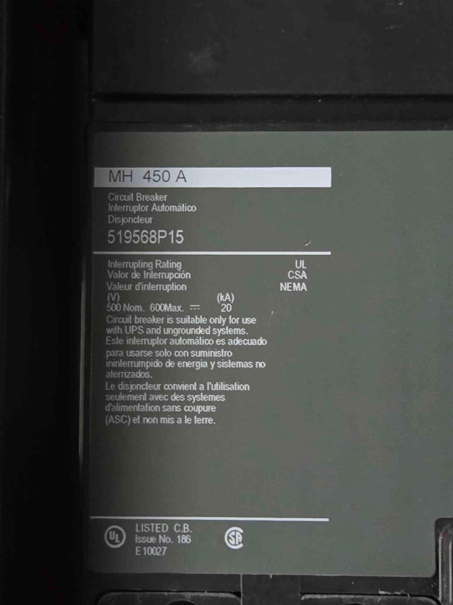 450A Liebert 610 Series UPS Battery Cabinet Only 486 Amp DC Max At 391 Volt DC No Batteries