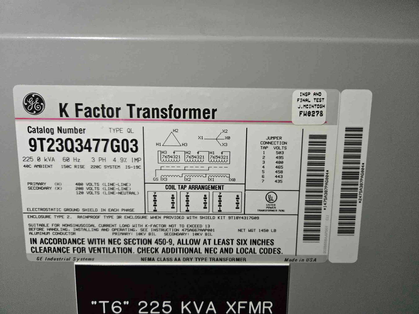 225KVA K Factor Transformer 3 Phase 480v x 208/120v