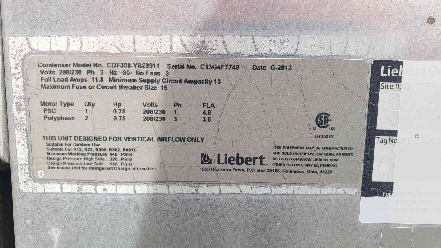 Liebert 3 Fan 208/230V 3PH Condenser CDF308-YS23911 2013 (SKY: 108163)