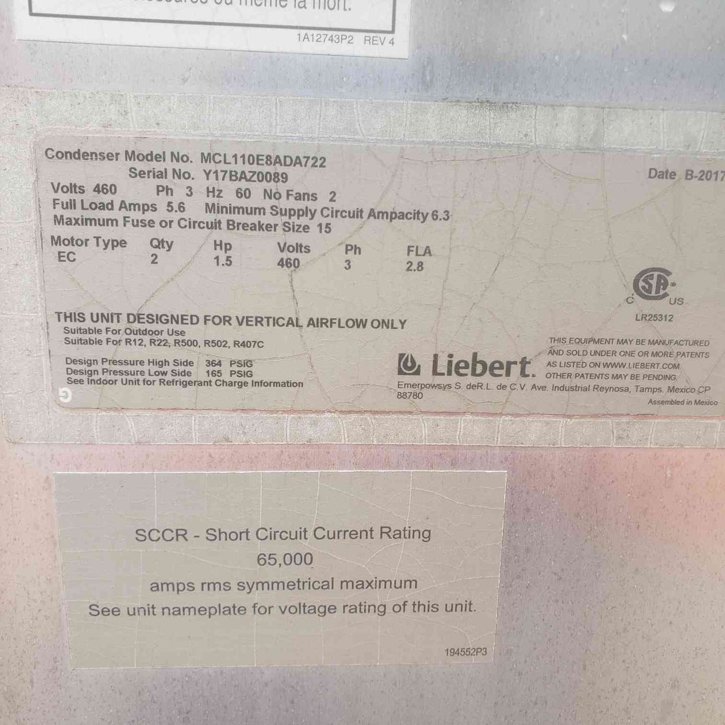 Liebert 2 Fan 460V 3PH Condenser MCL110E8ADA722 30 Ton (SKU: 110460)