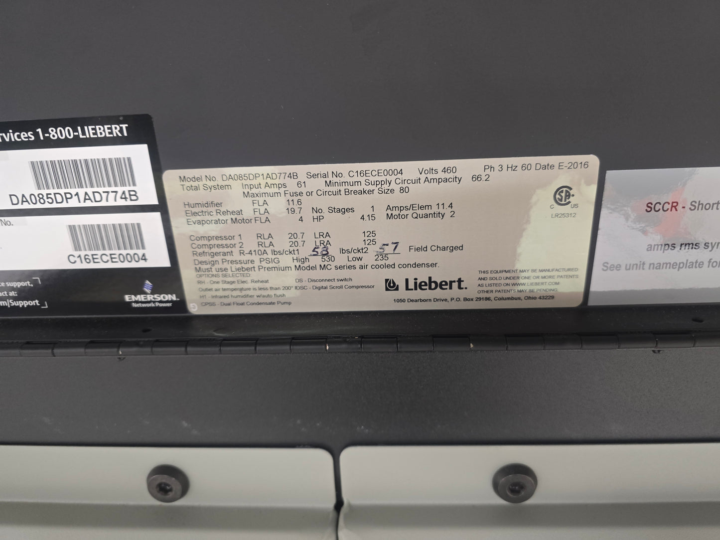 Liebert DSE DA085DP1AD774B 25 Ton CRAC Data Center AC Unit 460V