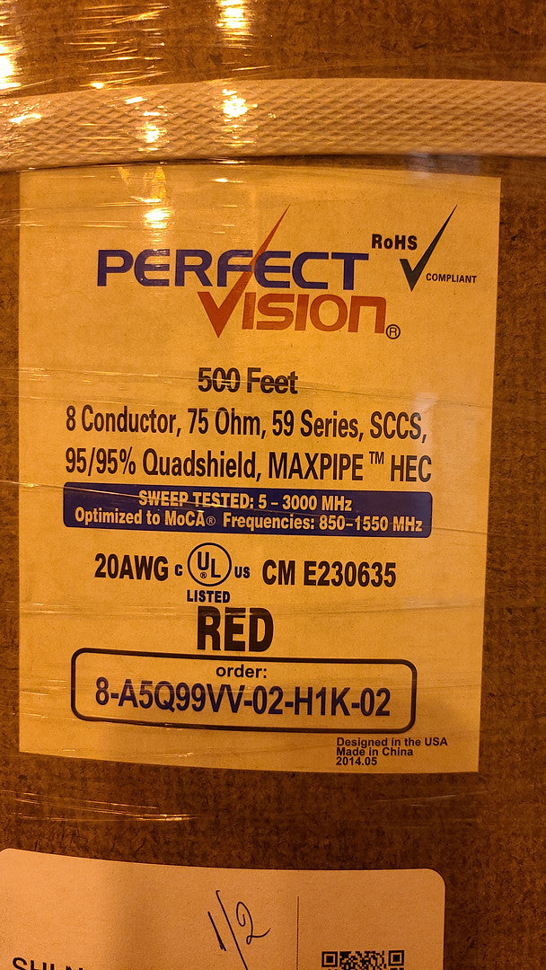 Perfect Vision 500 ft 8 Conductor 75 Ohm 95/95 Quadshield Spools MAXPIPE(S6LLST0821)