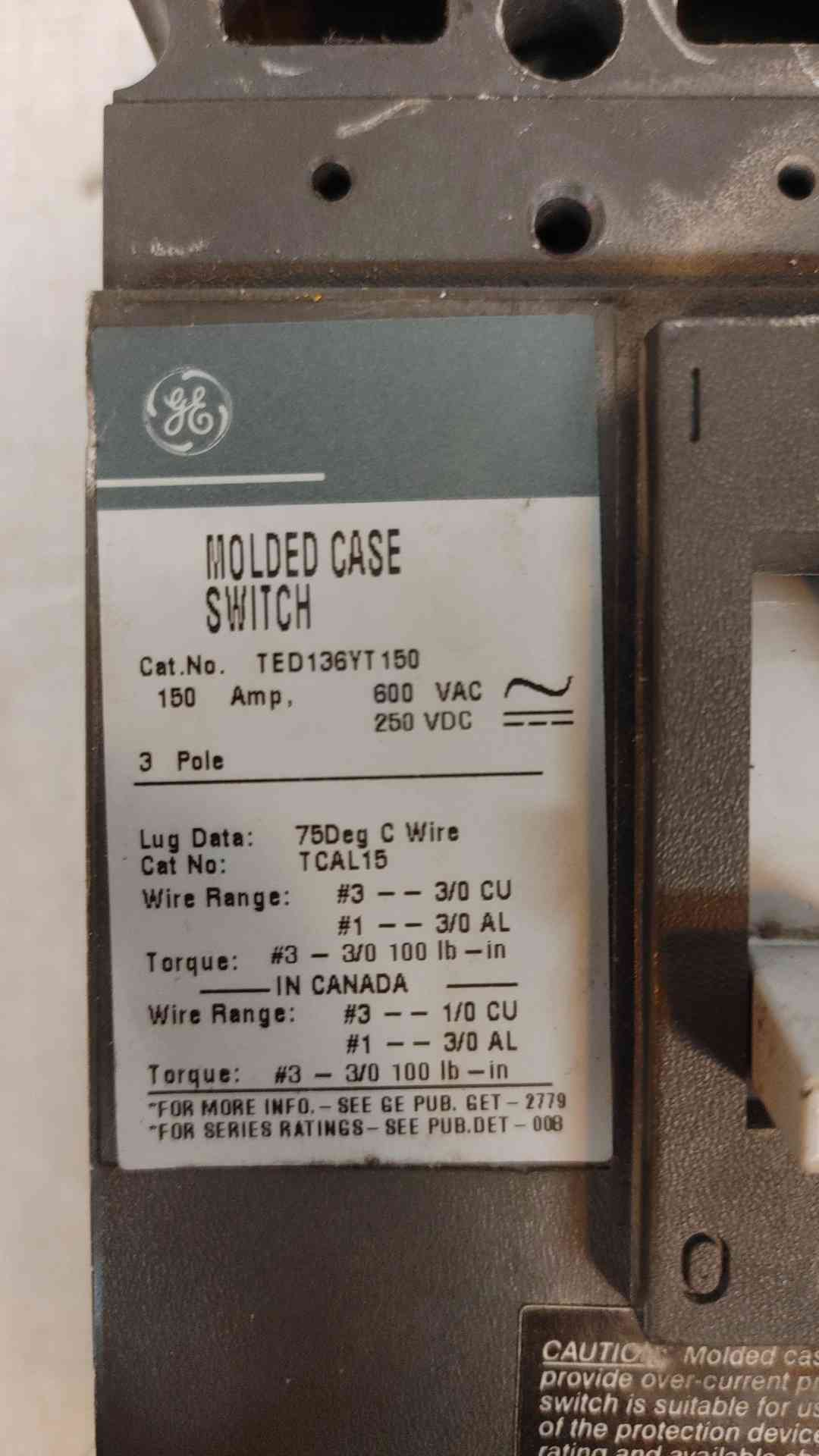 General Electric 150A 3 Pole Circuit Breaker 600VAC 250VDC TED136YT150(104873)