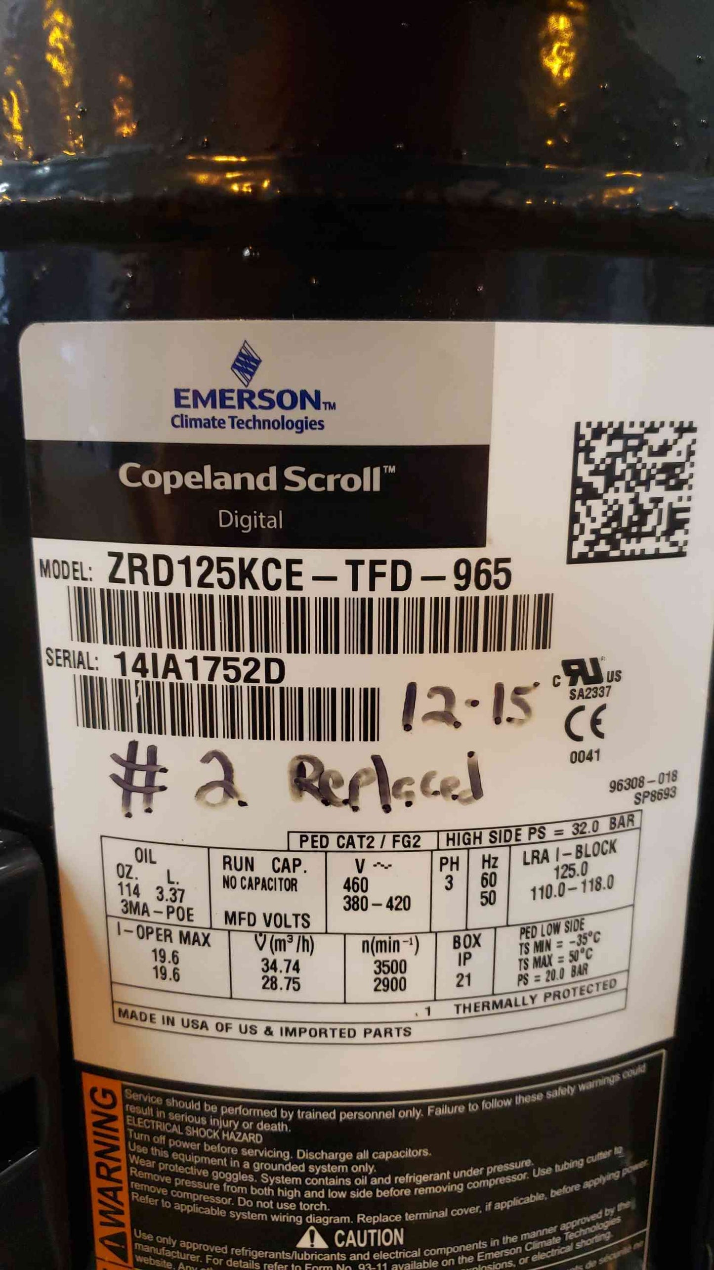 Emerson Copeland Scroll Digital 3PH ZRD125KCE-TFD-965