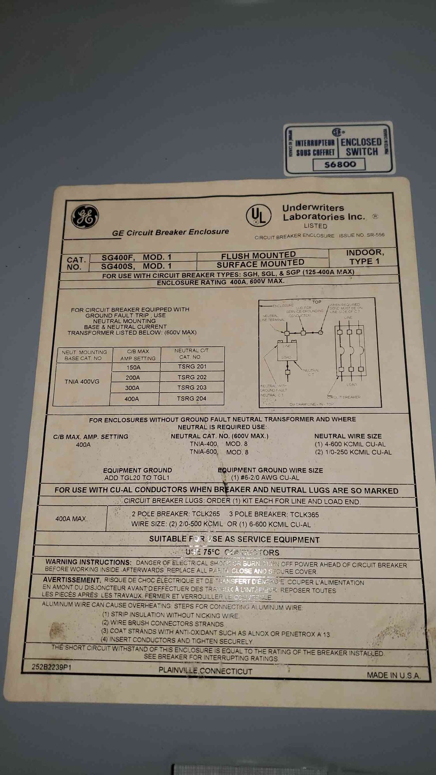 GE 400A Circuit Breaker Enclosure SGHA36AT0400 (SKU: 106901)