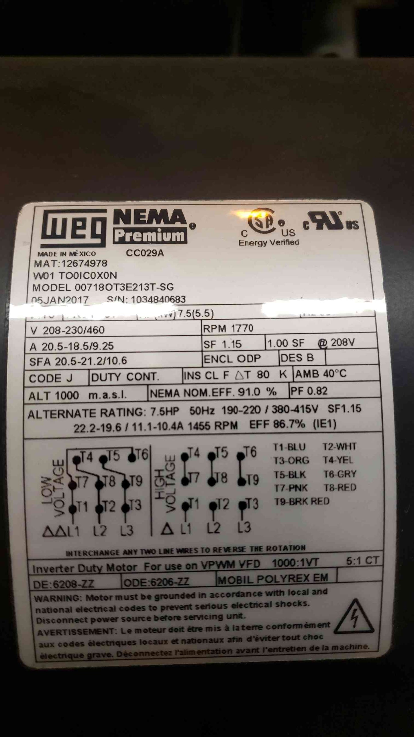 Century 7.5HP 208-230/460 3PH Motor PL1AA57A01C (SKU: 106977)
