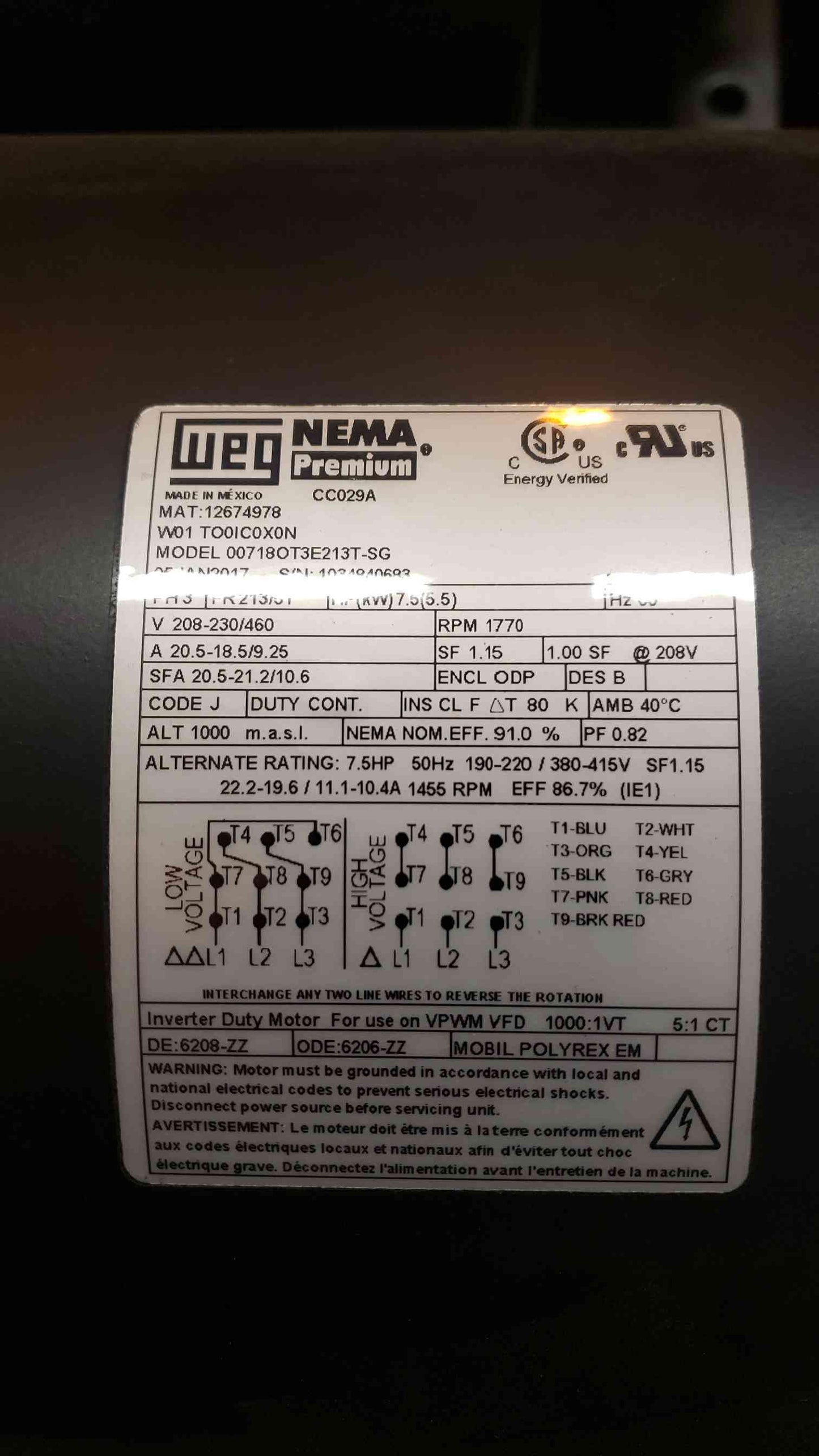 7.5HP 3PH 208-230/460 WEG Motor 00718OT3E213-ST (SKU: 106975)
