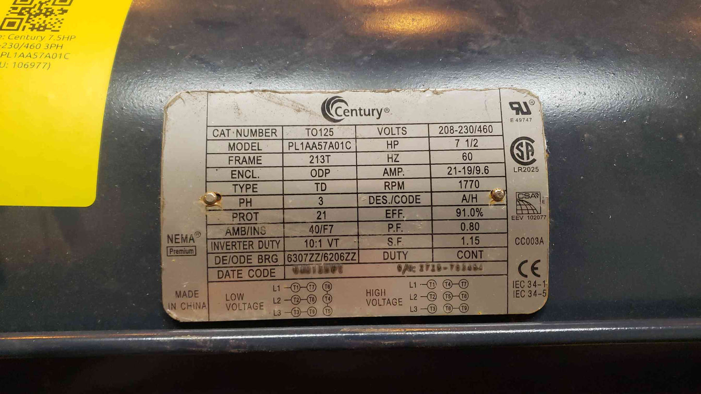 Century 7.5HP 208-230/460 3PH Motor PL1AA57A01C (SKU: 106977)
