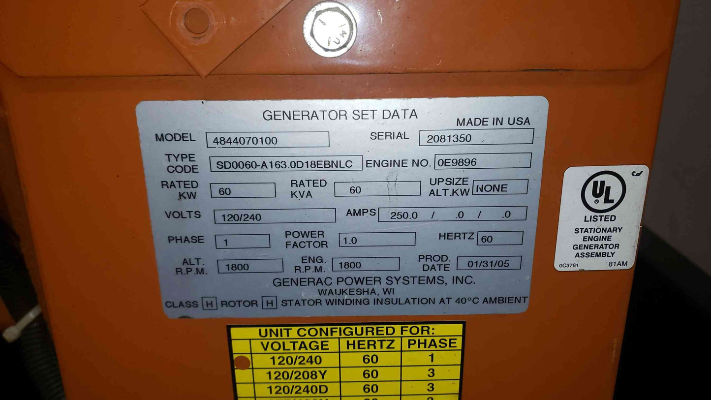 60KW GENERAC John Deere 5030 1PH Diesel 669 Hrs TESTED (SKU: 107123)