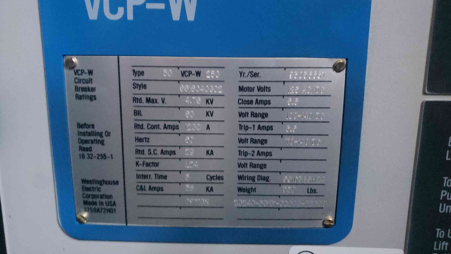 1200A Westinghouse Vacuum Circuit Breaker VCP-W250 (SKU: 107131)