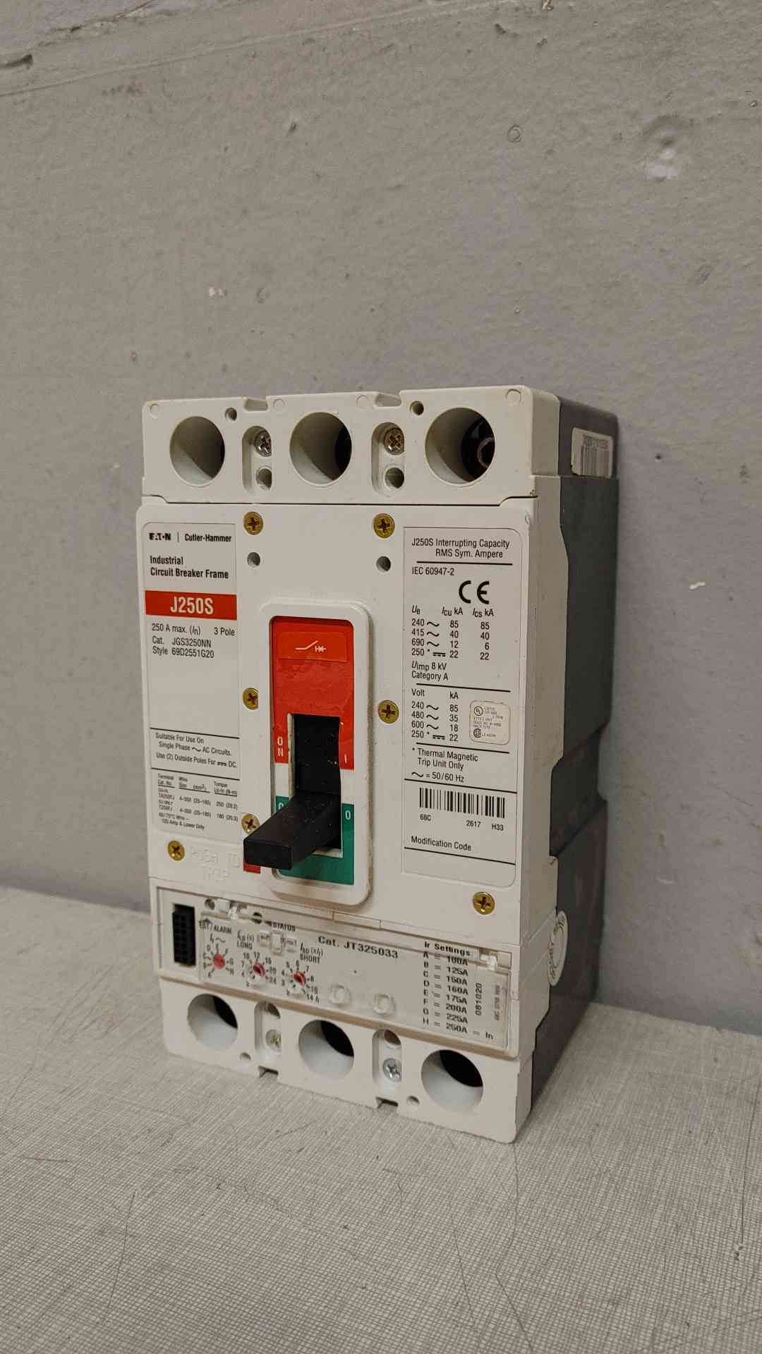 Eaton 250A 3 Pole Industrial Circuit Breaker 85KA 600V JGS3250NN