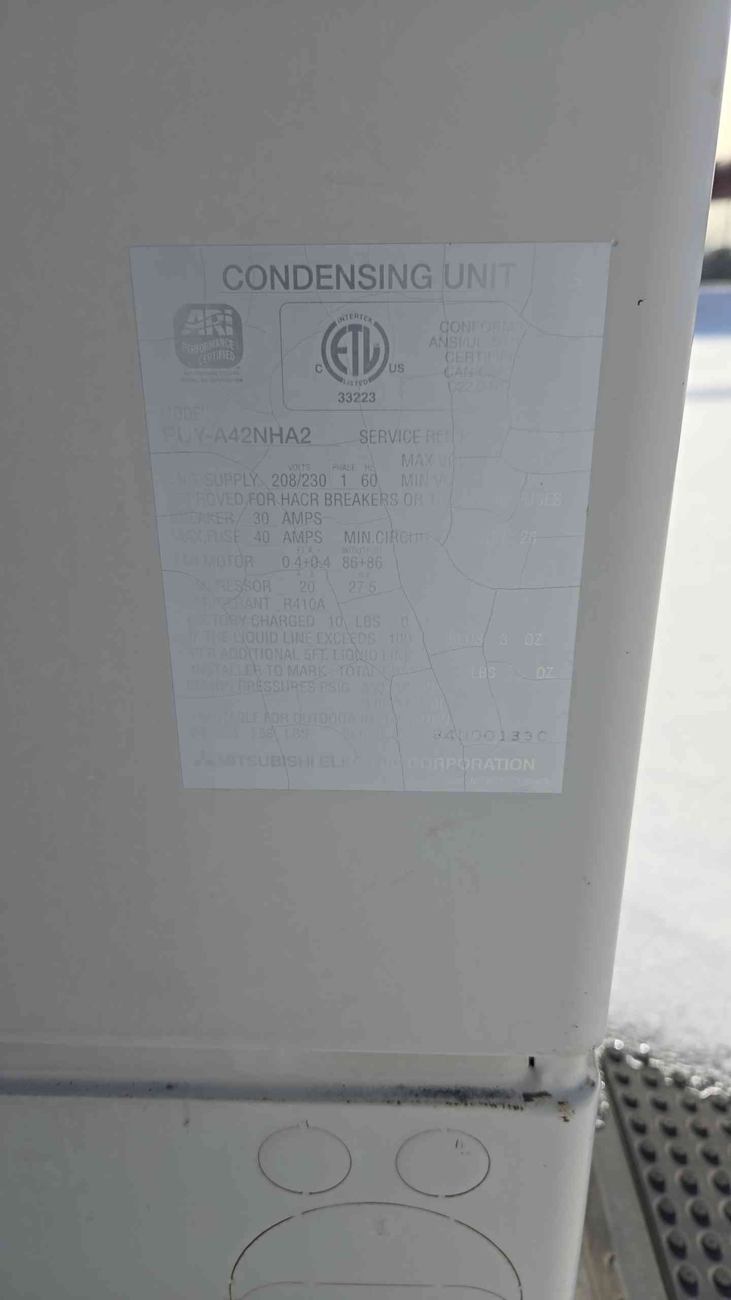 Mitsubishi Electric Mr. Slim PUYA42NHA2 Condensing Unit (107389)
