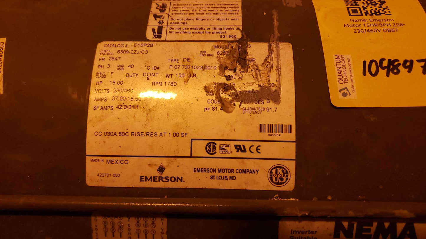 Emerson Motor 15HP 3PH 208-230/460V DB67
