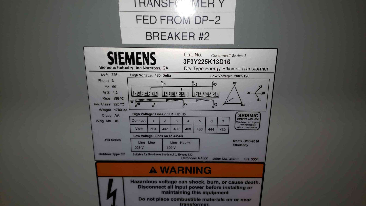 Siemens 225KVA 3PH Transformer 3F3Y225K13D16 480v x 208/120v (SKU: 107721)