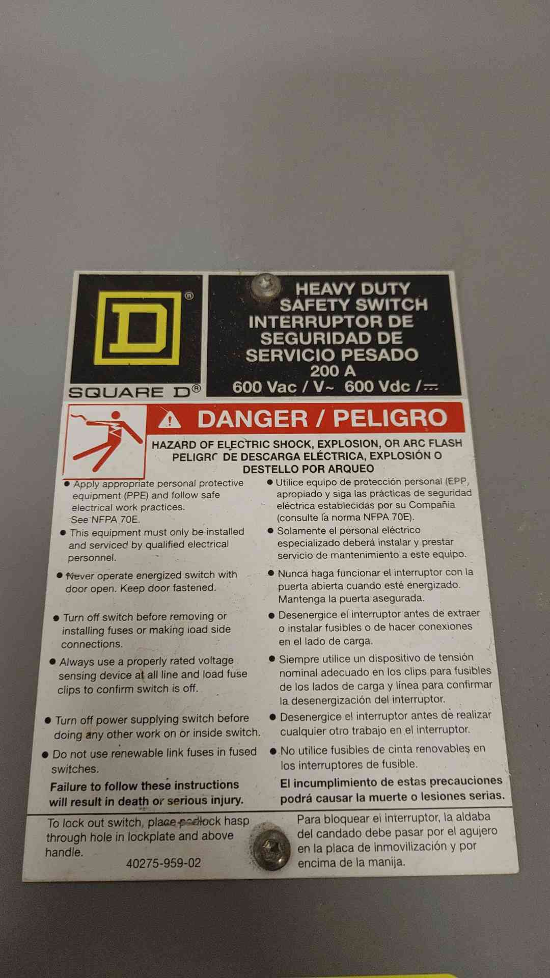 Square D 200A 600VAC Heavy Duty Safety Switch H364N (SKU: 107854)