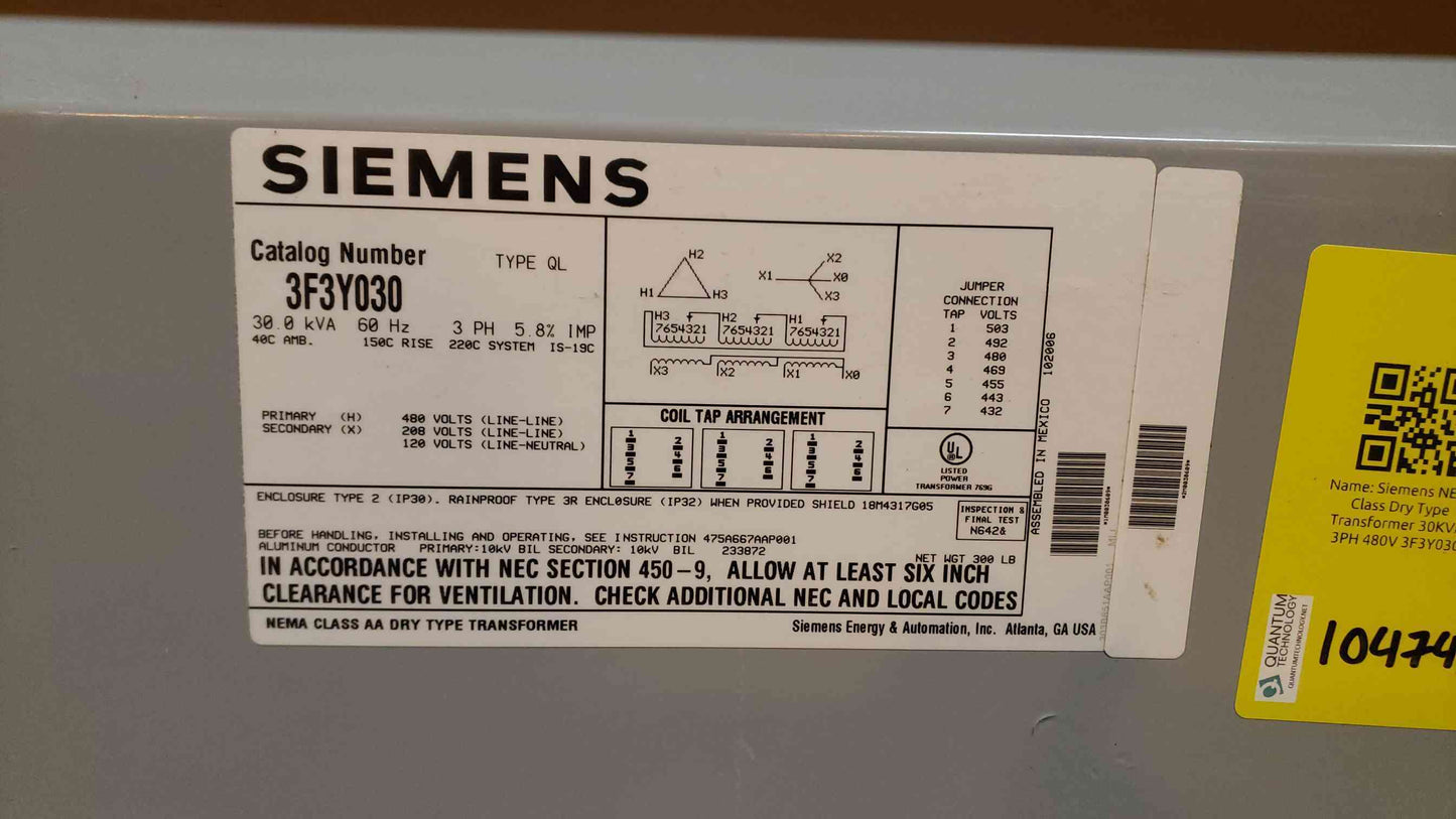 Siemens NEMA Class Dry Type Transformer 30KVA 3PH 480V x 208/120v 3F3Y030