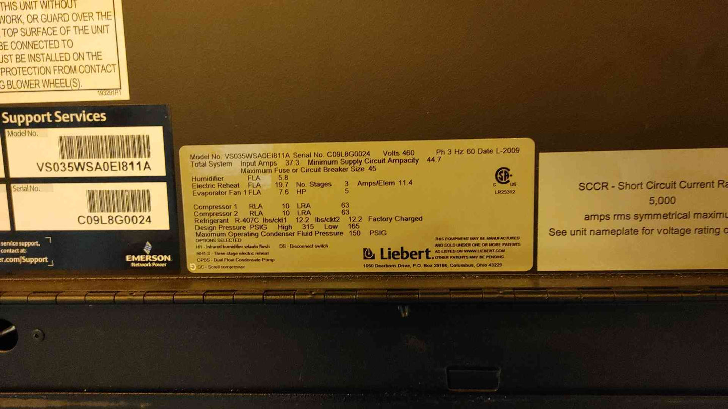 10 Ton Liebert Vertiv CRAC Glycooled 460V 3PH VS035W SA0EI811A (108319)