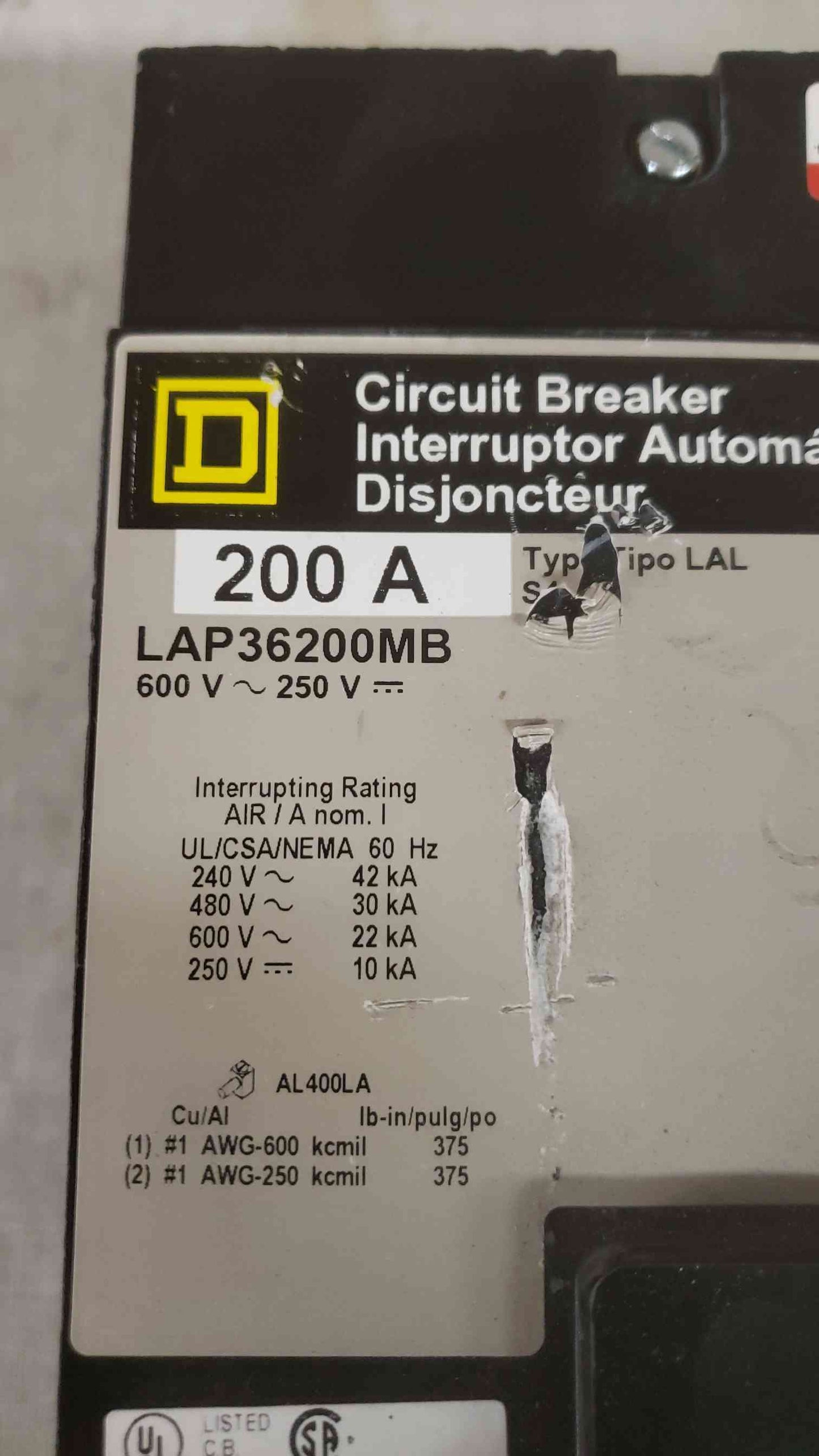 Square D 200A 600V 3 Pole Breaker LAP36200MB (SKU: 108413)