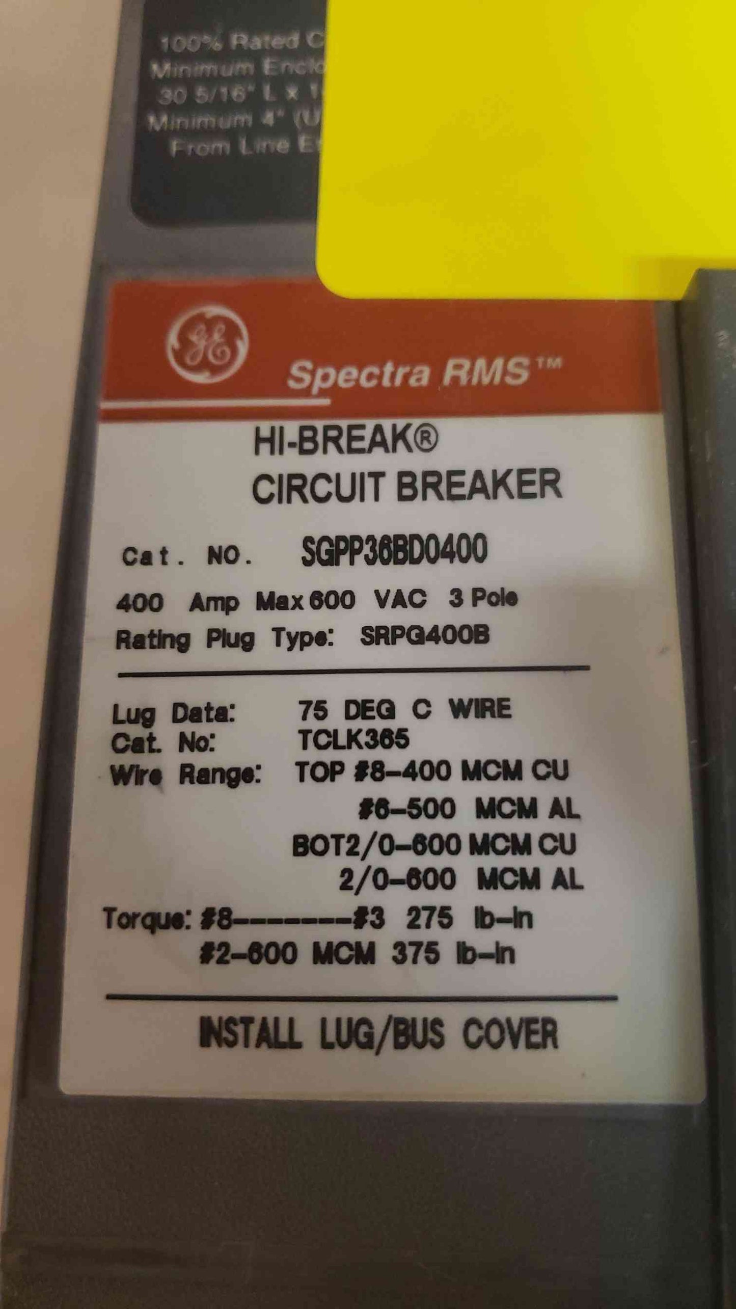 General Electric Spectra Series 400A 600VAC 3 Pole Breaker SGPP36BD0400 (SKU: 108401)