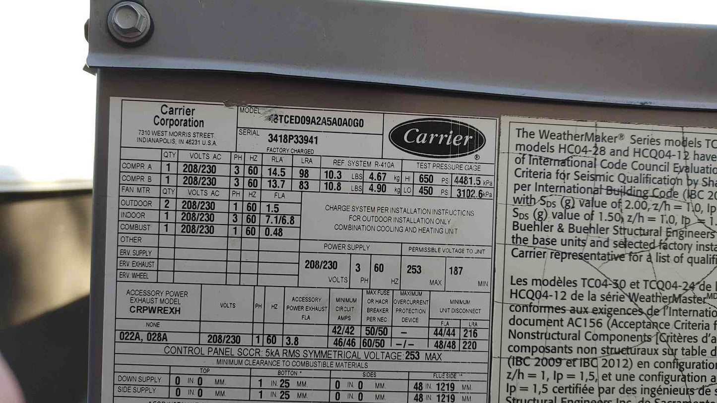 Carrier WeatherMaker RTU 208/230V 3PH 120000BTU 48TCED09A2A5A0A0G0 (108406)
