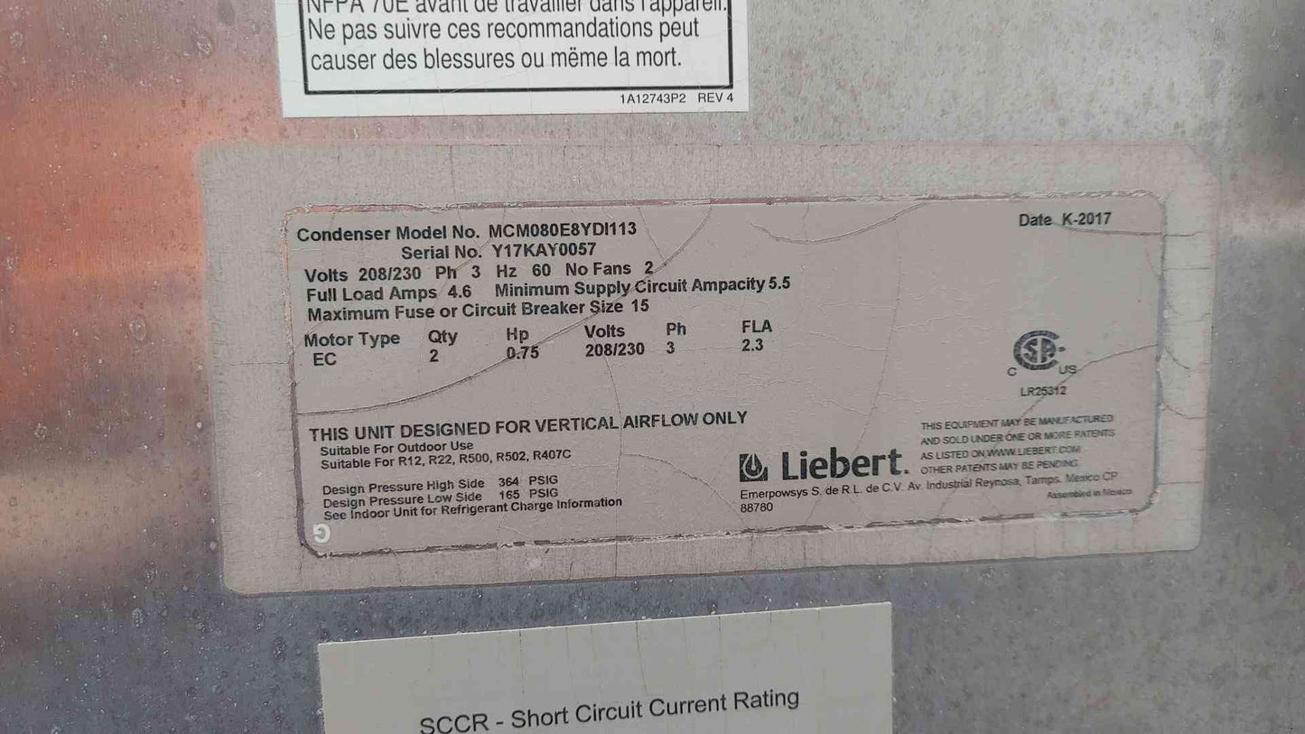 Vertiv Liebert MC 2 Fan Condenser 208/230V 3PH .75HP MCM080E8YDI113 (108426)