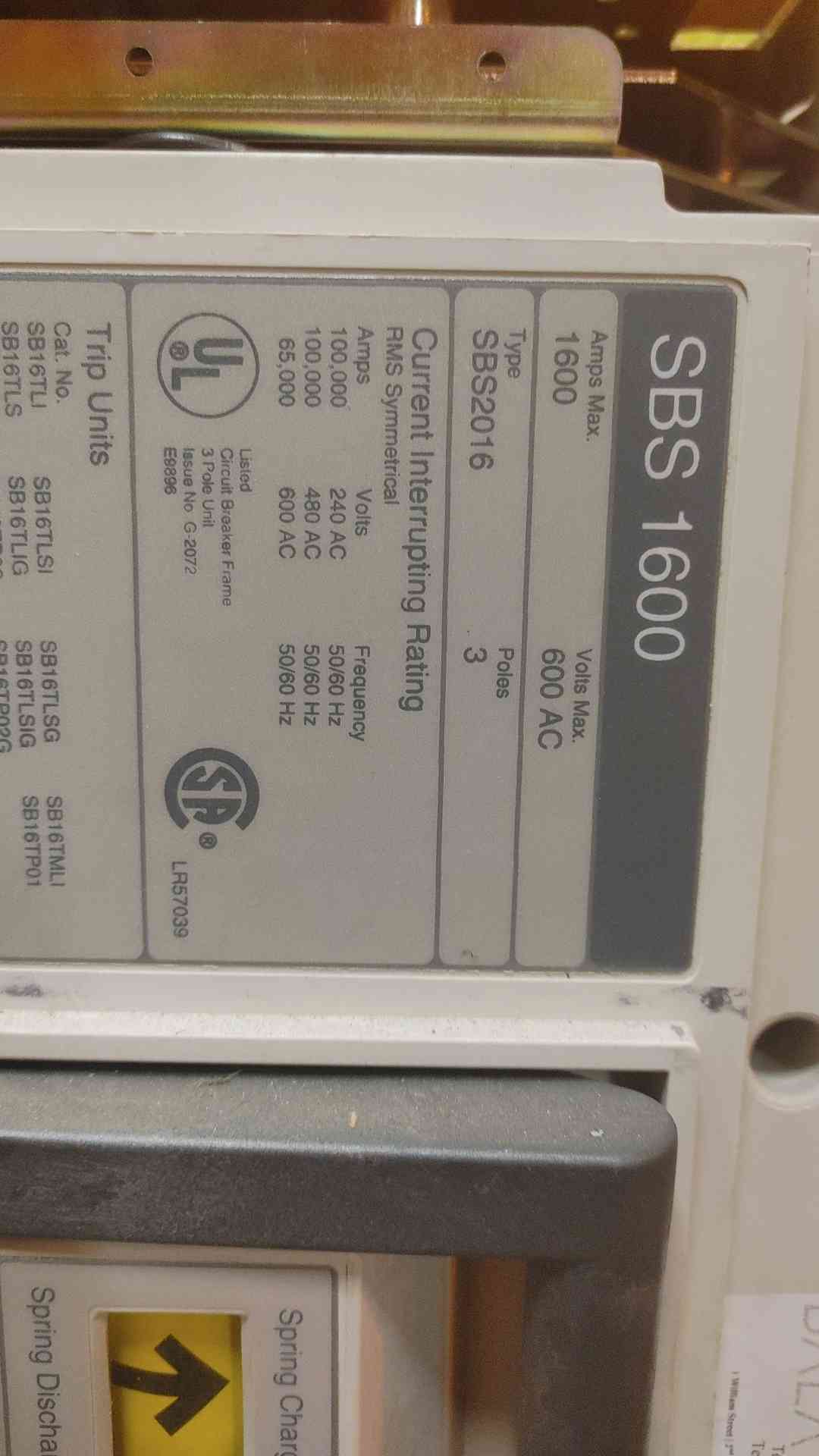 Siemens 1600A 3 Pole Breaker 600VAC SBS2016 in Chassis (108454)